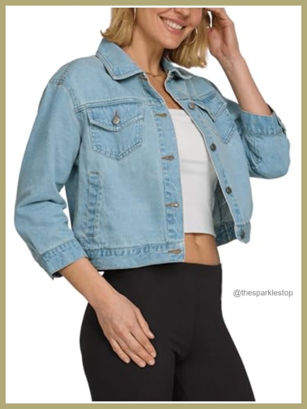 Women's Cropped Denim Jacket 3/4 Sleeve Button Front Casual